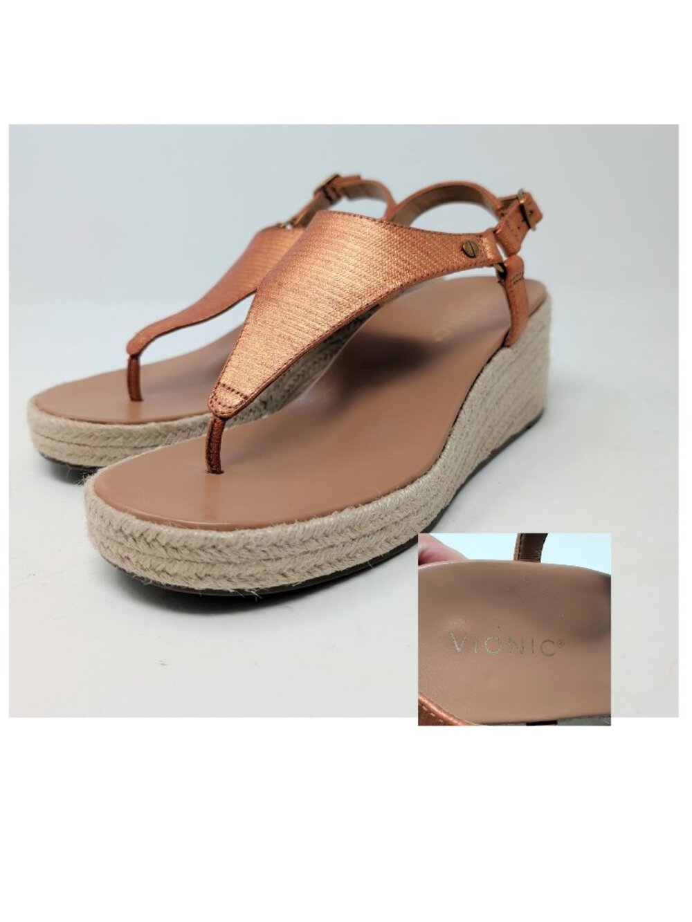 Vionic Espadrilles 7.5 Thong Orange Metallic Wedge Platform